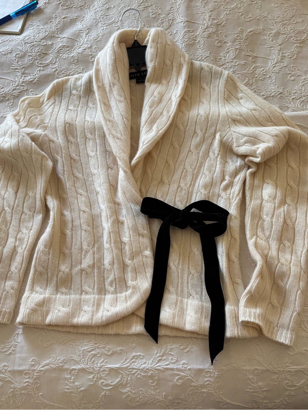 Ralph Lauren Cream Cashmere Shawl Collar Cardigan with Black Velvet Ribbon Tie